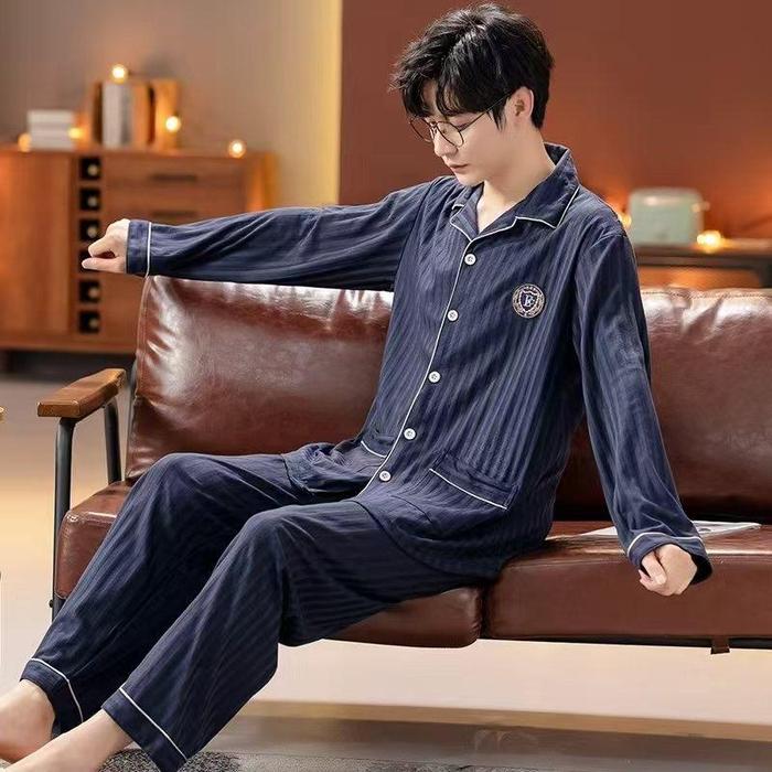 PPKM 01 Piyama Cowok Kancing Setelan Celana Panjang Dewasa Katun - Baju Tidur Pria Lengan Pendek