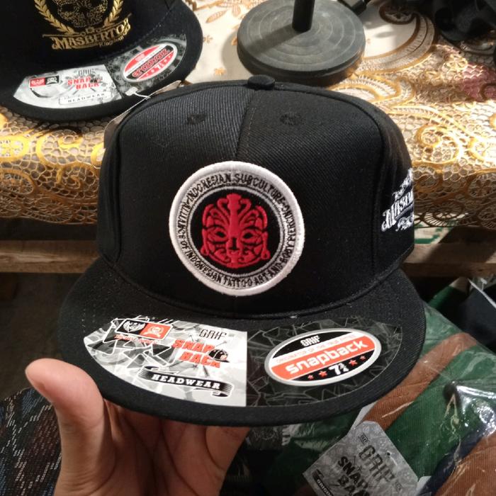 Topi snapback hitam Distro pria wanita You&me Official Store logo Masberto merah putih bundar bordir