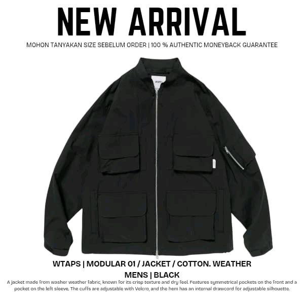WTAPS Jaket Modular 01 Pria Hitam Bahan Katun Weather dengan Saku Simetris dan Lengan Adjustable