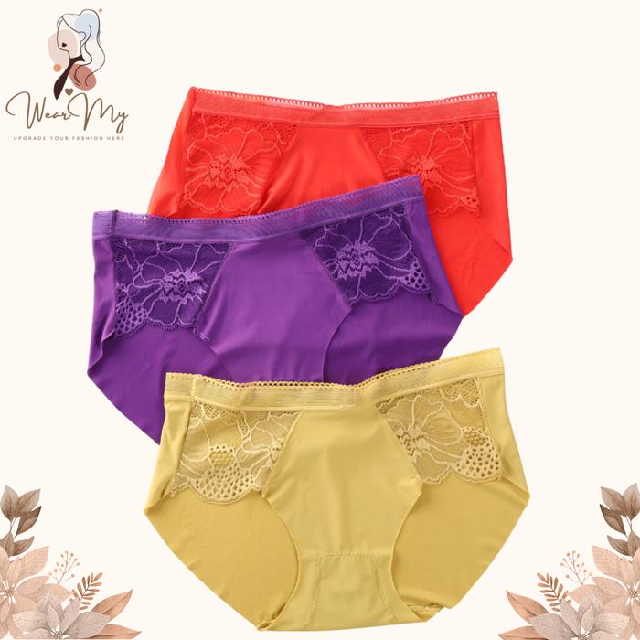 Celana Dalam Wanita Seamless Motif Bunga Renda Bahan Satin Undies Polos Bahan Nyaman - CD8425