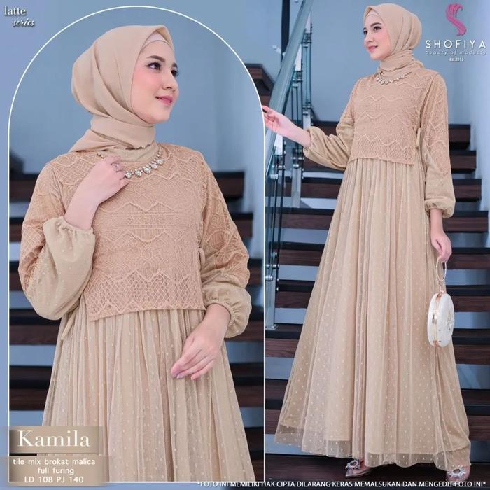 Zueva - Kamila Dress Tille Dot Full Puring Mix Brukat Malika Terbaru Dress Kondangan Model Premium D