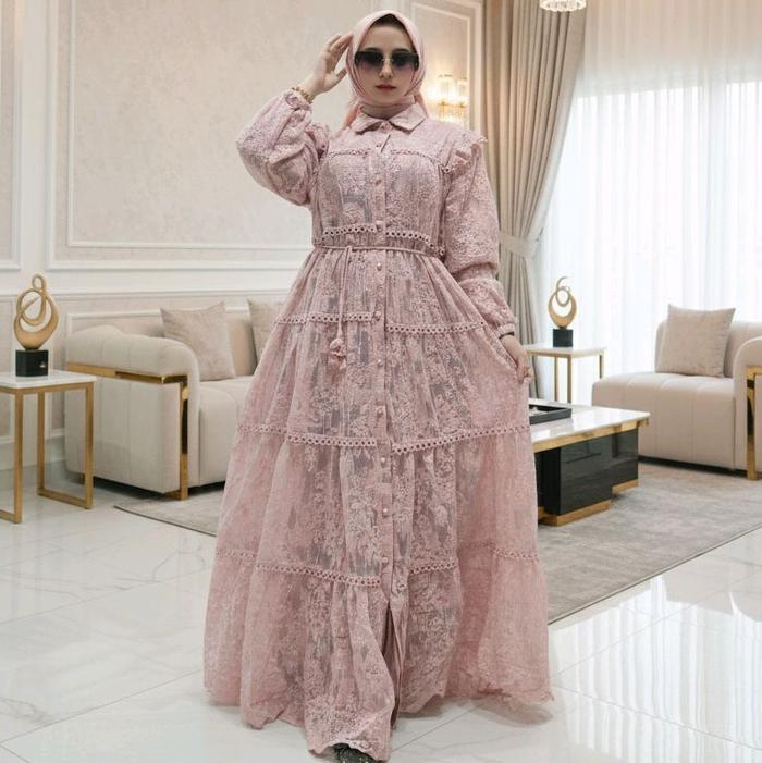 Maxi Dress Gamis Kaori Brokat Organza Kancing Aktif By.LFY Import Mewah Bahan Cruty Mix Tile Bunga T