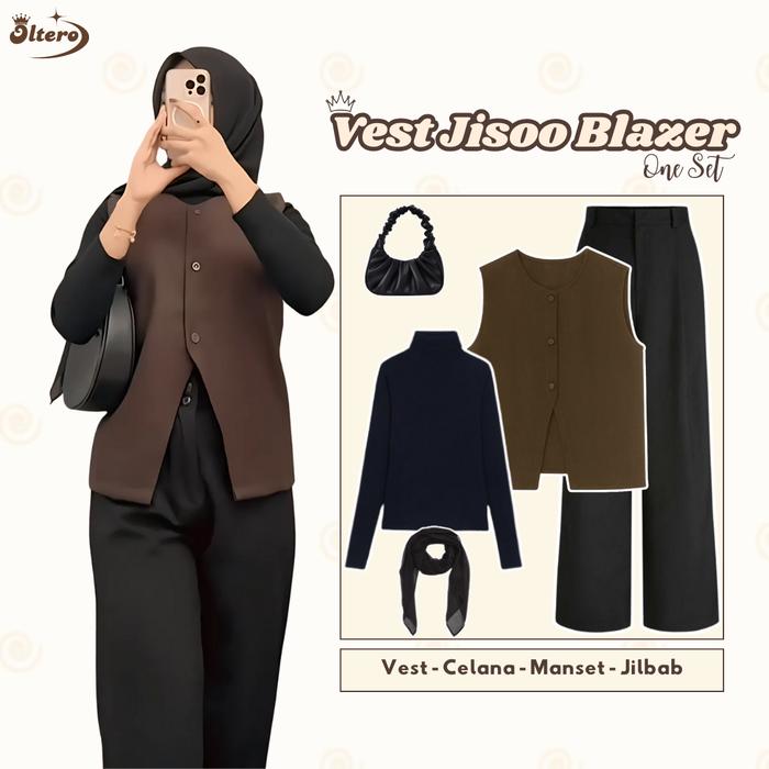 Outfit Remaja Kekinian ( Vest Blazer - Manset - Celana - Jilbab ) Setelan One Set Hijab Style - OL51