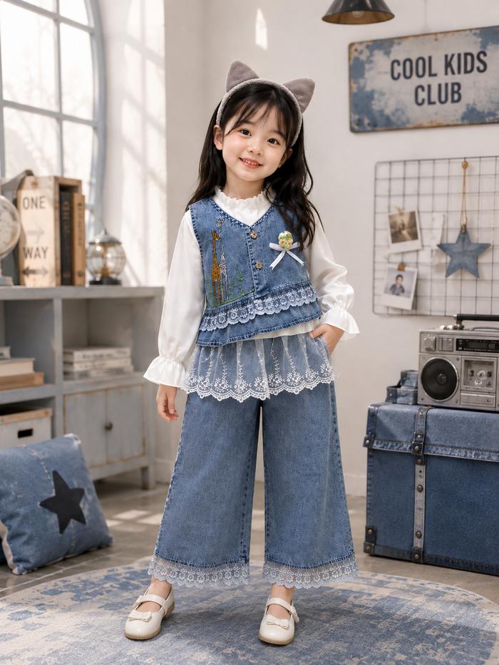Setelan Baju Jeans Anak Perempuan Trendy 3in1 Rompi Bordir Jerapah Kemeja Lengan Panjang Celana Kulo