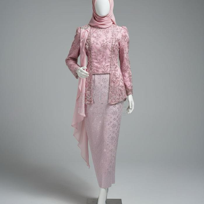 Set Kebaya Kutubaru warna baby pink size L + rok songket + selendang pundak