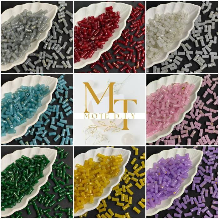 MOTEDIY - [231] 100pc Manik Kaca Bambu Warna Polos Ombre Garis Emas Ukuran 6x12mm