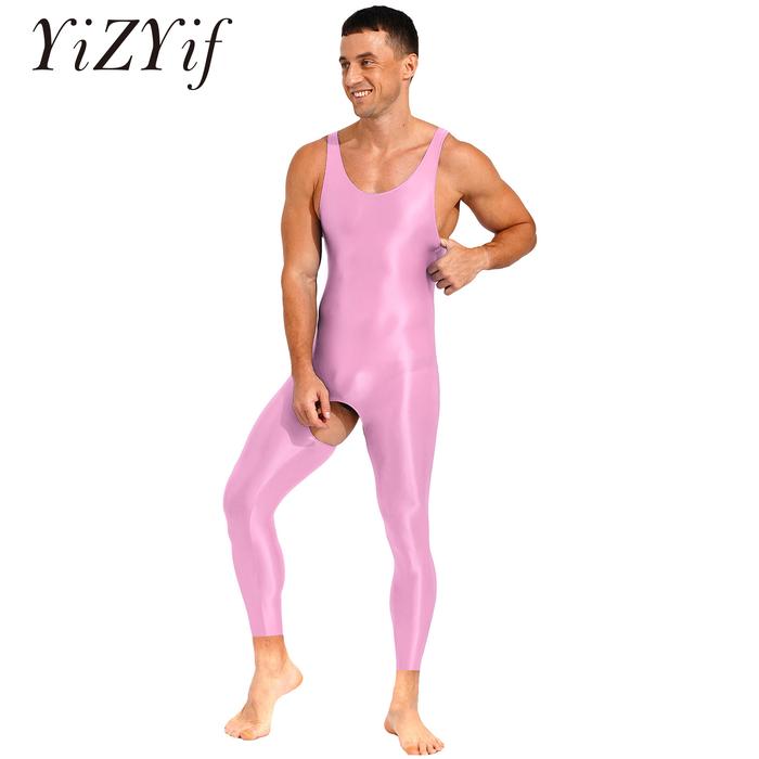Mens Glossy Open Crotch Jumpsuits Solid Color Stretchy Sleeveless Leotard Tights Close-fitting Full 