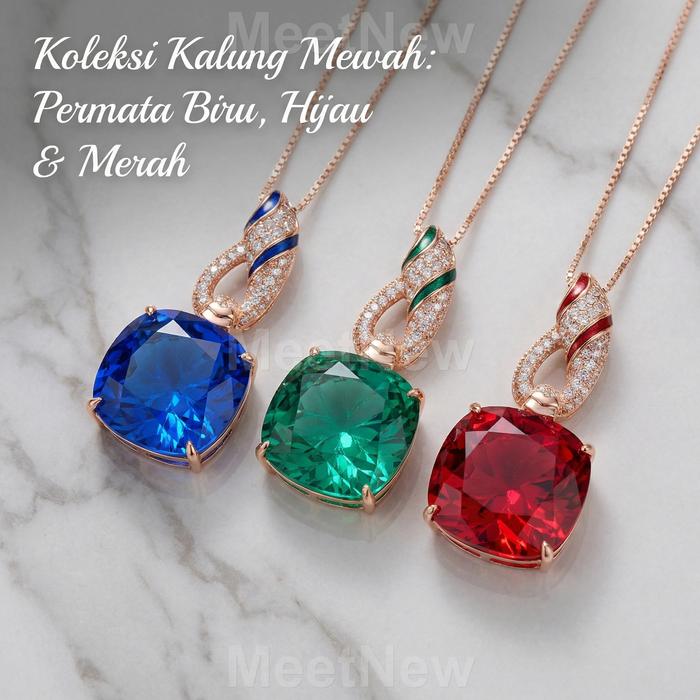 MNK77  Kalung liontin persegi besar bergaya Eropa dan Amerika berwarna biru tua mewah serbaguna deng