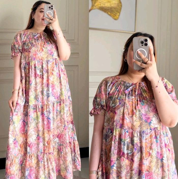 DS 031 - Daster Celine Leher dan Lengan Karet Dress Nyaman dengan Desain Ruffle Pinggang Panjang 120
