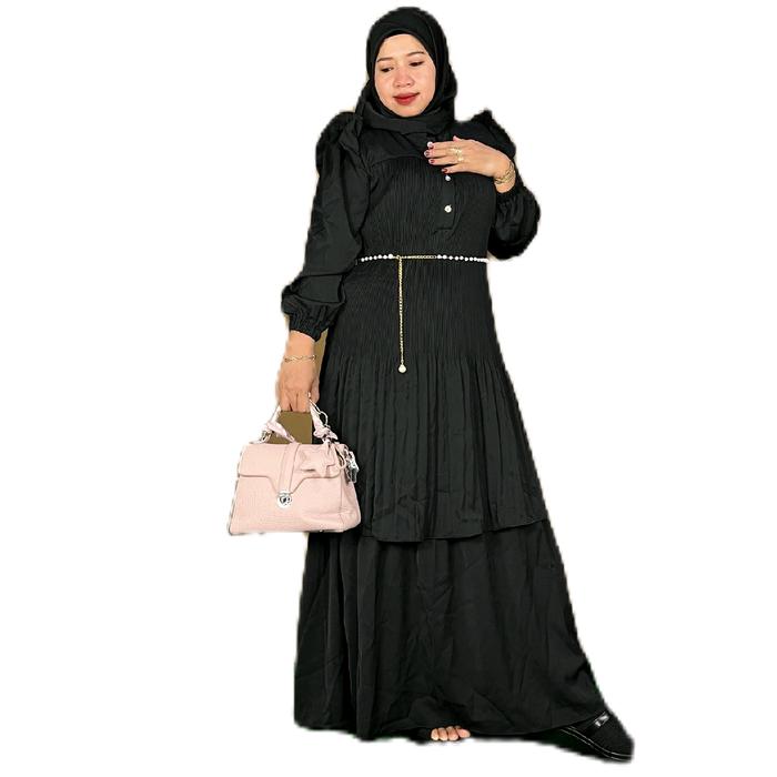 Gamis Wanita Dewasa Delina Frilla Plisket Premium Free Sabuk Mutiara & Kerudung