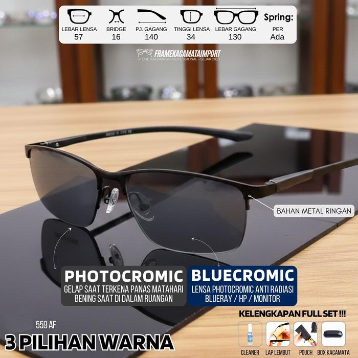 PAKET KACAMATA PHOTOCROMIC BLUECROMIC -0.25 s/d -6.00 Silinder 2 Frame Kacamata Sporty Pria Aluminiu