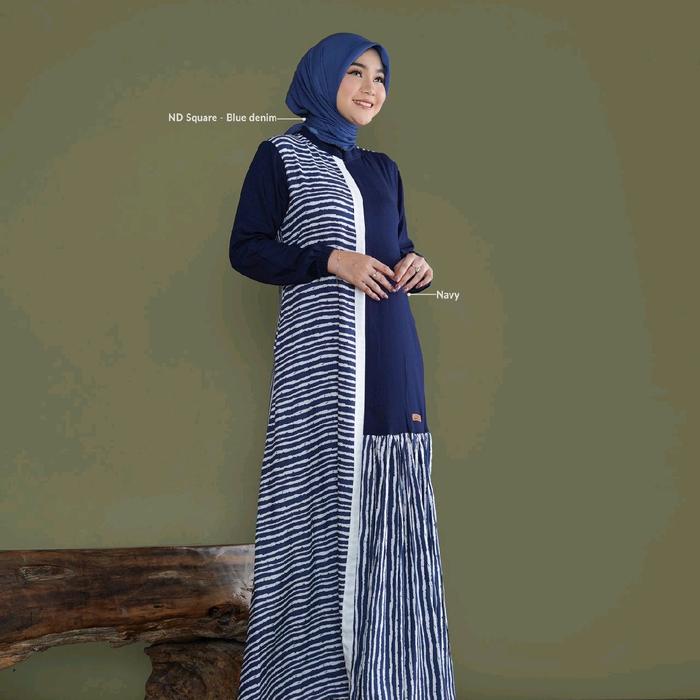 IGHADA DRESS BY NADHEERA LUXURY Gamis Motif Salur Rayon Setrip Hitam Navy Adem Muslim Zipper Cantik 