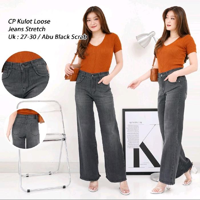 CP Kulot Loose Jeans Stretch Uk 27 30 Abu Black Scrab Celana Jeans Wanita Nyaman dan Fleksibel