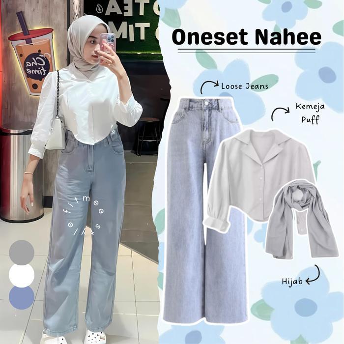 Nahee One Set 3In1 Outfit Remaja Atasan Kemeja Puff Katun Lembut, Bawahan Celana Loose Jeans, Hijab 