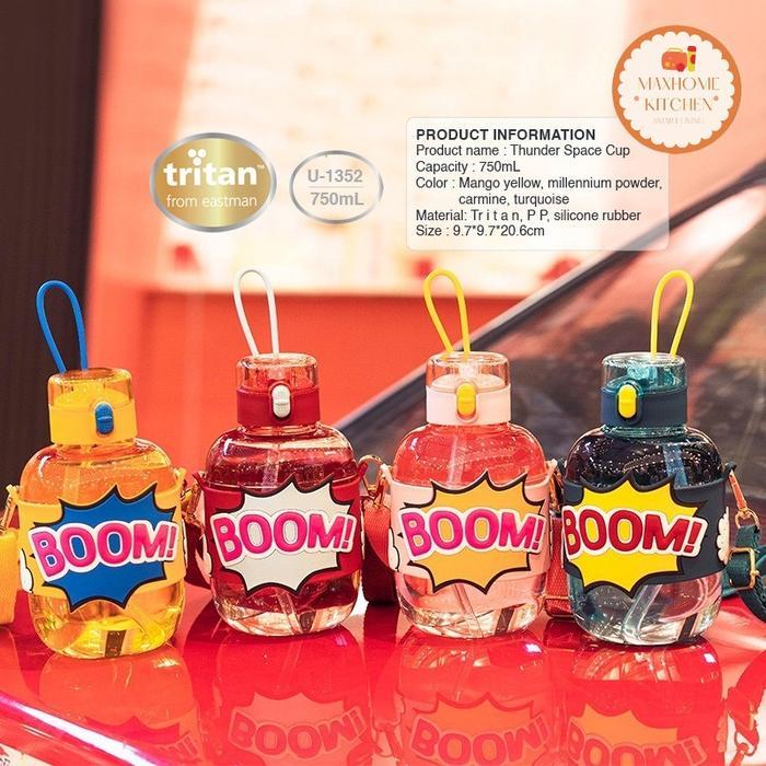 Botol Anak Plastik Tritan U-1352 Tali Panjang dan Sedotan 750 ML