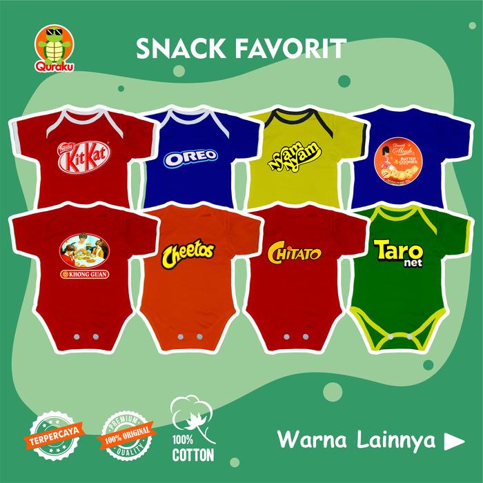 Baju Bayi Bodysuit Jumper Bayi Jumpsuit Lucu Murah Motif Makanan Snack Biskuit Cheetos Chitato Kitka