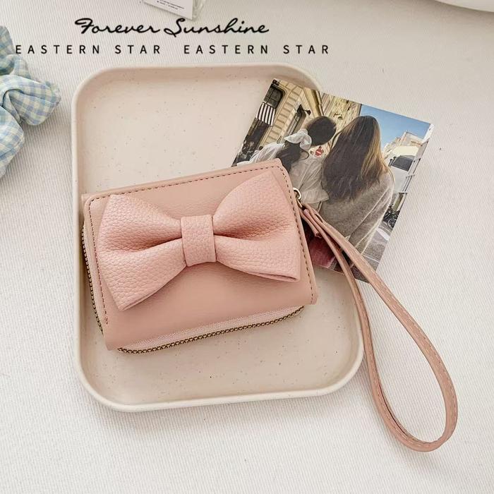 BETA Dompet Seri Pita Mini Pendek Lipat Resleting Hiasan Pita Tangan Untuk Wanita Multi Slot Kartu T