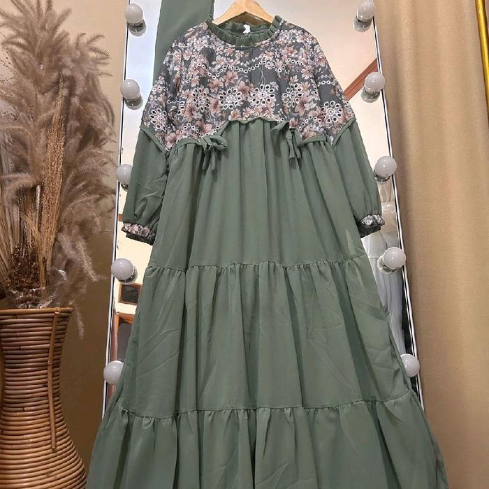 Promo Delisha Gamis Muslim Hijab Anak Perempuan Bahan Ceruty Babydoll mix Katun Bordir/ Gamis Anak u