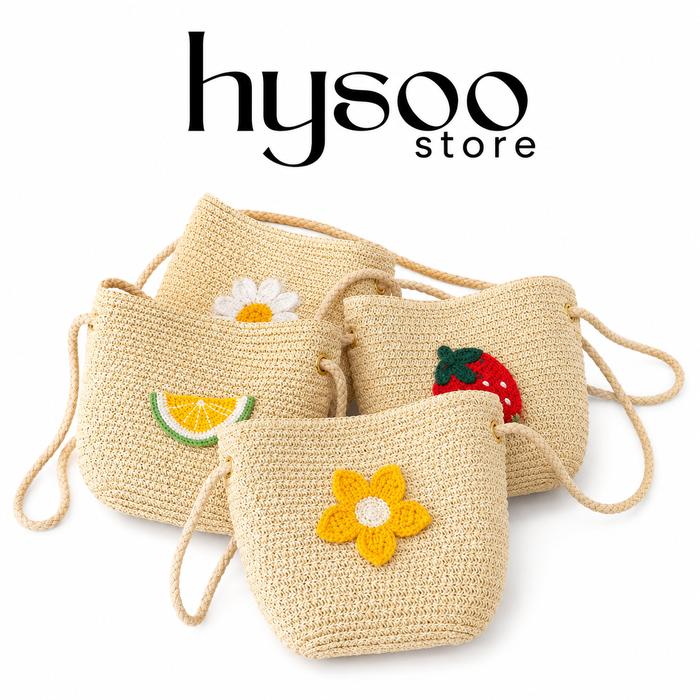 Hysoo Store TS2066 Tas Selempang Wanita Mini Anyaman Rajut Motif Bunga Matahari