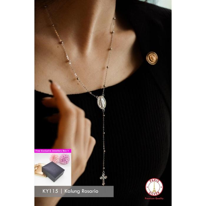 TerLaris Kalung Salib Rosario Bunda Maria Perak Asli Silver 925 Lapis Emas Putih Liontin Salip Pria