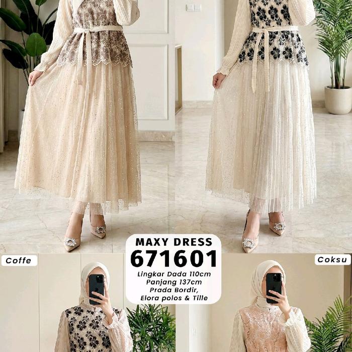 Dress maxy hrg bhn Prada bordir+lady sofia+tile dot fit to Xl besar