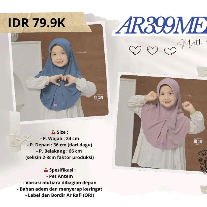 HIJAB ARRAFI KIDS AR 399 MEDIIUM - HIJAB ARRAFI ANAK - HIJAB ANAK Muslim Kerudung Instan Mutiara Var