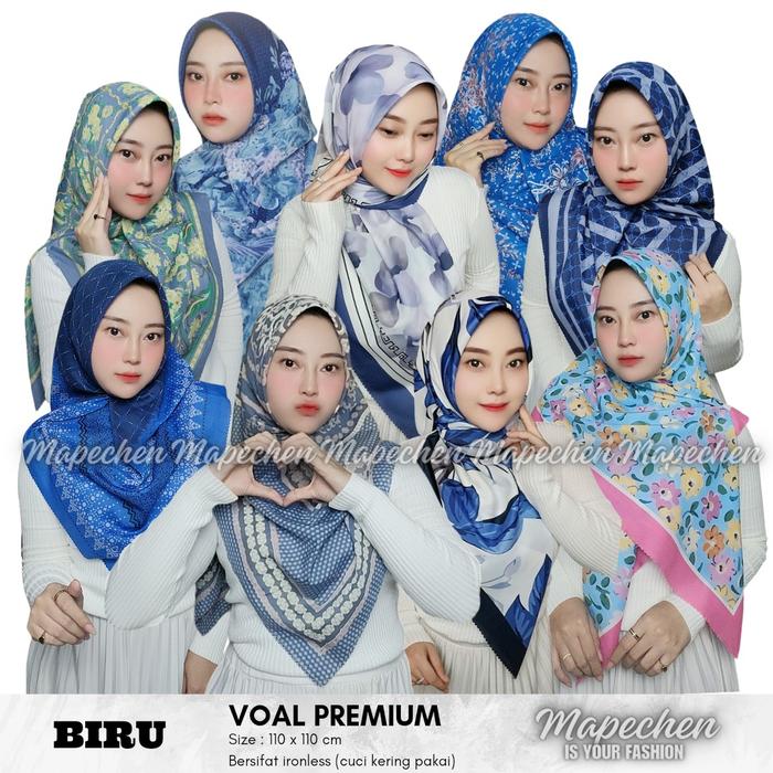 Edisi Biru - Hijab VOAL MOTIF PREMIUM Denim Navy Dongker Softblue Jilbab Segiempat LaserCut