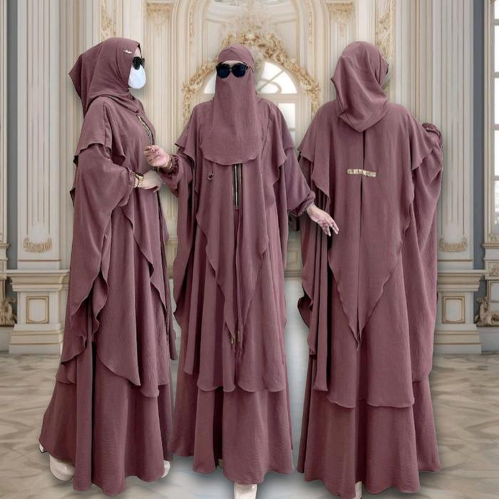 AZIMIN SYAR'I Gamis Set Hijab Hoodie Jumbo Pet Antem Free Cadar Bandana Matt Crinkle Airflow By Aje 
