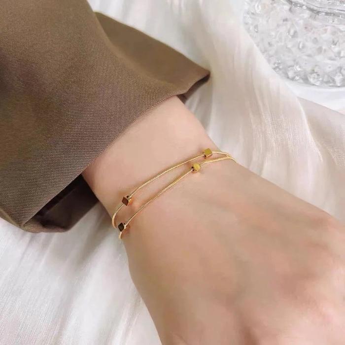 Gelang Wanita Titanium 2 Layer Motif Kotak - Kotak Anti Karat Antu Luntur Bracelets