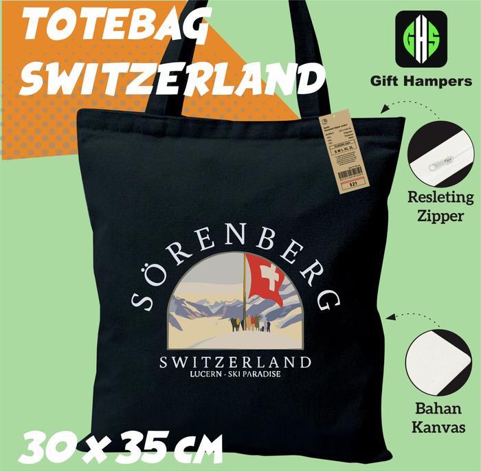 SOUVENIR TAS TOTEBAG OLEH OLEH SWISS CHUR SWITZERLAND BAHAN RESLETING HITAM GIFT PREMIUM MURAH