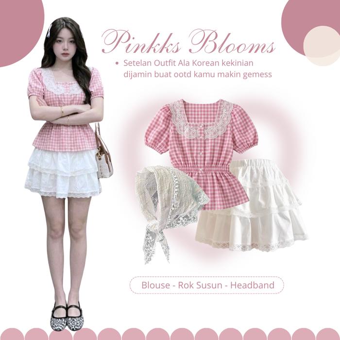 Setelan Outfit Korean Style 3in1 Wanita [ Atasan Blouse - Rok Sususn Putih - Headband Lace ] AM114