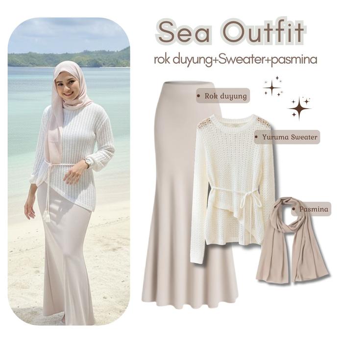 Oneset Sea Outfit Sweater Yuruma, Rok Duyung, Pasmina -Setelan Fashion Hijab Kepantai Putih Ivory Sw