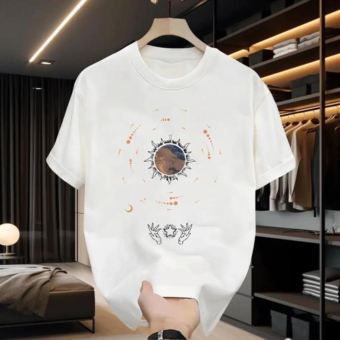Katun 24s Lembut Dua Varian Warna Putih & Hitam Oversize Motif Sketsa Matahari Planet Bulan Tangan R