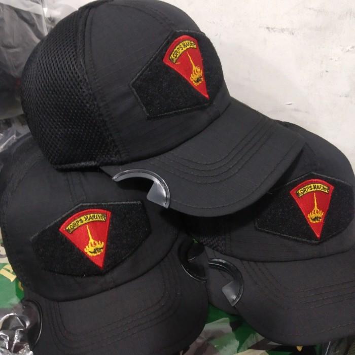 Topi Hitam kain jaring motif Cowak logo Bordil Segitiga Korps Marinir -GSt