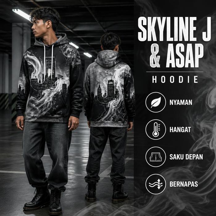 Hoodie Pria Tipis Skyline J & ASAP Motif Kota Asap Hitam Abu-Abu Lengan Panjang Kupluk Saku Depan Fa