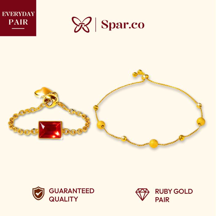 Spar.co Bundle Set Gelang Serut Rantai Titanium Berlapis Emas + Cincin Titanium Rantai Emas Dengan P