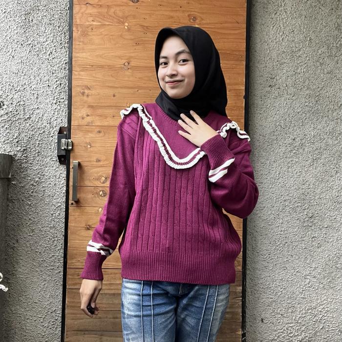 Sunoo Sweater Rajut Renda Ruffle