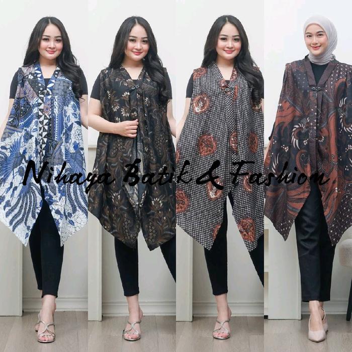Long vest outer tanpa lengan batik poli rompi panjang cardigan wanita kondangan baju kantor santai A