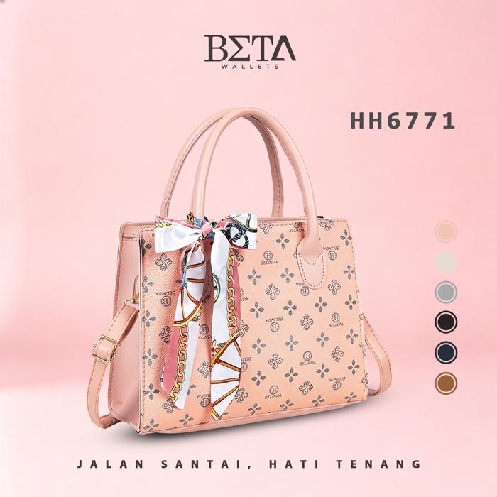 BETA Tas Jinjing Wanita Motif Monogram Kombinasi Warna Dilengkapi Syal Hias Pita, Tali Selempang Adj
