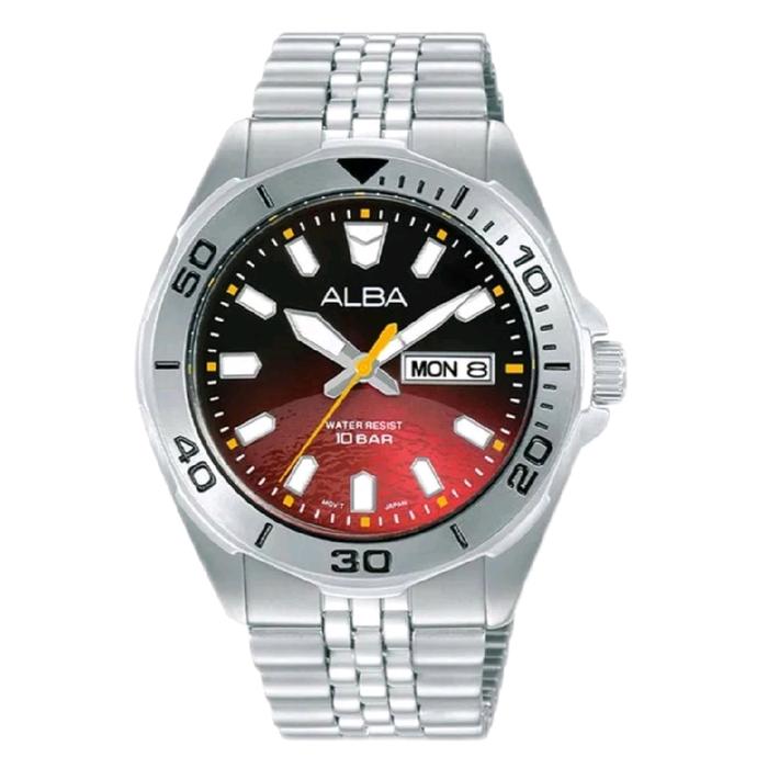 Alba Jam Tangan Pria Stainless Steel Tahan Air 10 Bar Tampilan Hitam Merah dengan Tanggal
