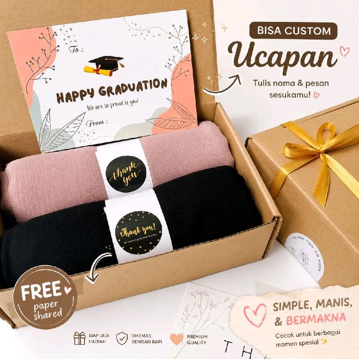 Gift Box Hijab Premium + Scrunchie | Free Kartu Ucapan Custom | Hampers Kado Wisuda, Anniversary, Bi
