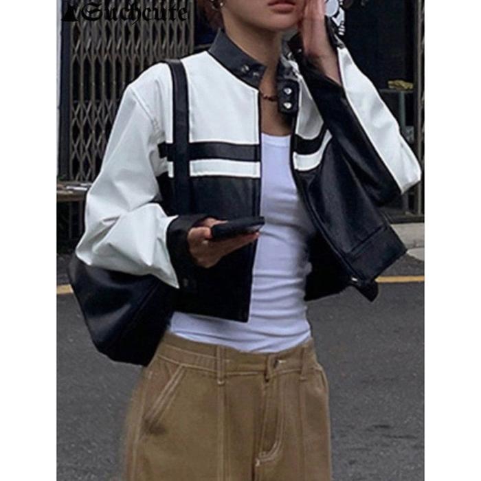 Ready Jaket Kulit Wanita Strip Kasual Pu Jaket Antik Wanita Tambal Sulam Pakaian Jalanan Mantel Loko