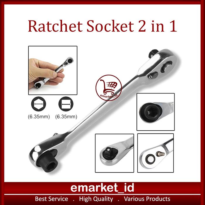 Mini Ratchet Socket 2 in 1 / Kunci Sok 6.35mm Pas Ring L 1/4 inch / Obeng Wrench Handle Spanne 72