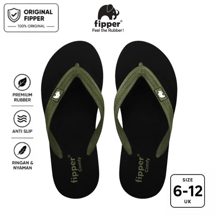 Fipper Comfy Sandal Jepit Anti Slip Pria Wanita Original Ringan Nyaman Hitam Black / Green Army