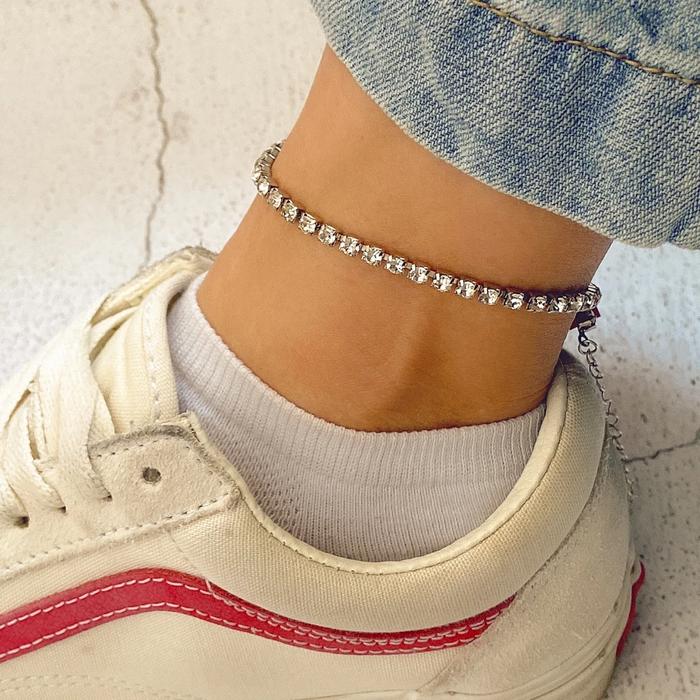 Trend Single Row Full Crystal Rhinestone Anklet Women Bracelet Beach Imitation Barefoot Sandal Leg G