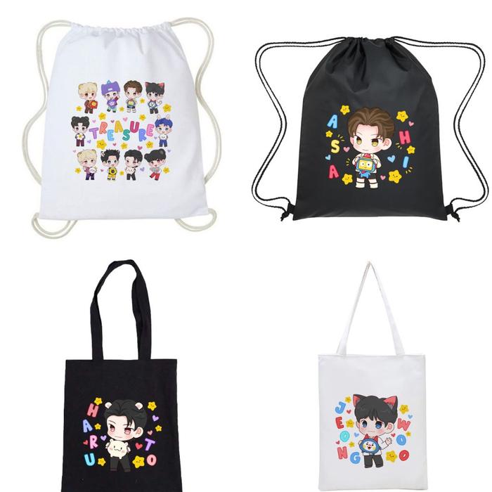 Totebag Tas Serut Treasure Truz Chibi Fanart Lucu Kpop Korea Kanvas Wanita Cewek Aesthetic
