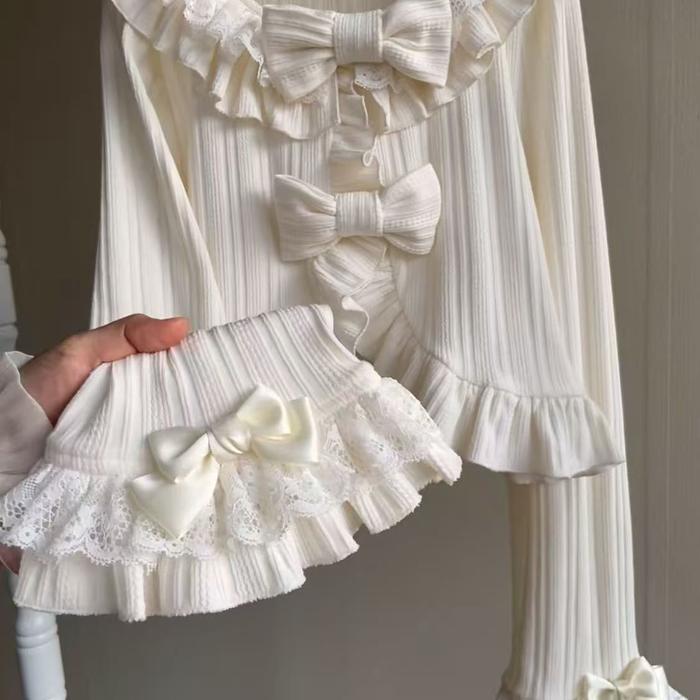 Spring Autumn Lolita Cropped Cover-Up, Ruffled Puff Sleeve Cardigan with Tie Details, Kawaii Japanes