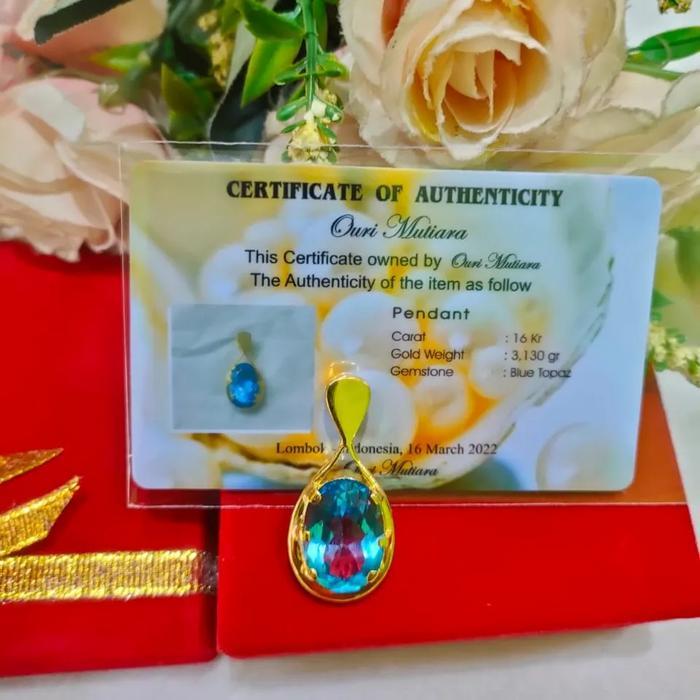 LIONTIN EMAS 16 KARAT BATU PERMATA BLUE TOPAZ ASLI ORIGINAL