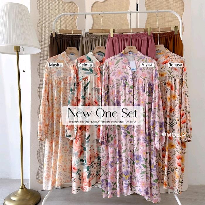 Moela Masita Selmia Viyira Renasa SETELAN One Set Viral Long Tunik Motif Bunga Rayon Premium Ujung