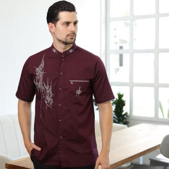 Baju Koko Muslim Pria Nizar Bordir NH 4 MAURO 2023 Lengan Pendek 100% Katun Reguler Ukuran S-5XL Put